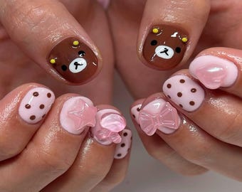 Kawaii Bear Press On Nails: Pink Candy Bow 3D Design