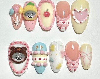 3D Kawaii Bear Press On Nails, Sweet Pastel Cake Nail Art
