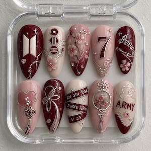 ARIRANG World Tour x BTS Cherry Blossom Press On Nails | OT7 Korean Floral Nails | Burgundy Concert Nails | Handmade Gel Nails | ARMY Gift image 1