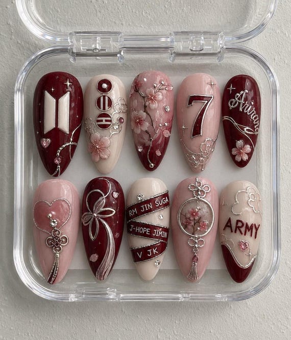 ARIRANG World Tour x BTS Cherry Blossom Press On Nails | OT7 Korean Floral Nails | Burgundy Concert Nails | Handmade Gel Nails | ARMY Gift