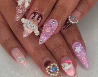 3D Kawaii Press On Nails – Pastel Pink Pearl, Handmade Nail Art