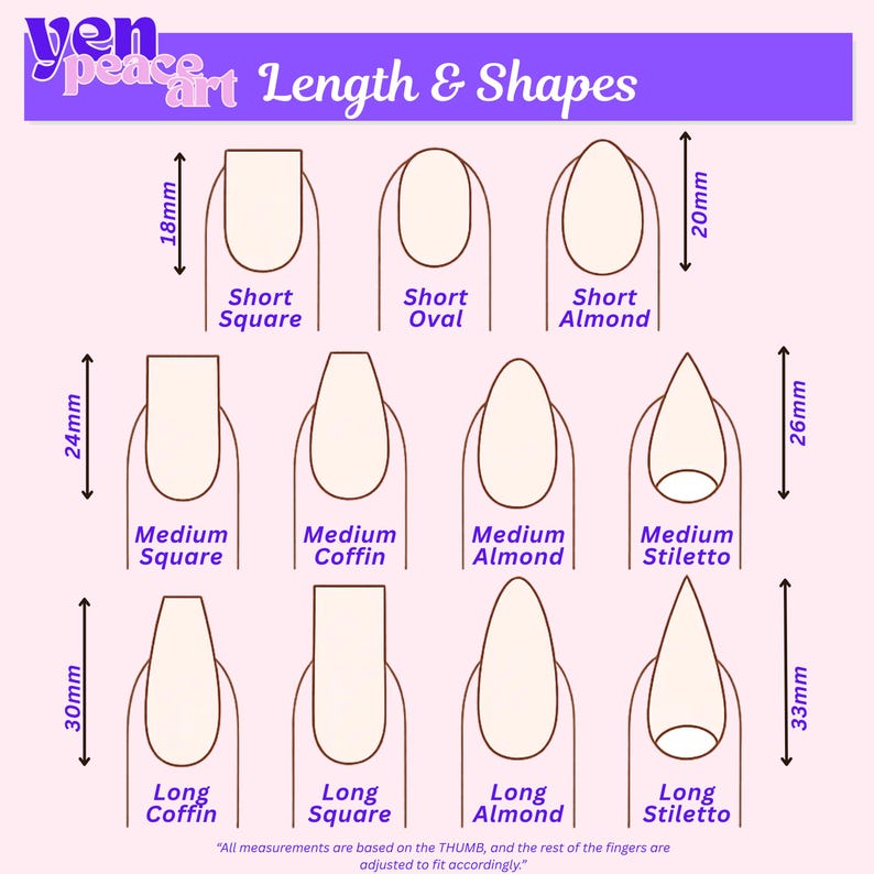 May include: A nail shape and length guide titled 'yen peace art Length & Shapes' featuring eleven illustrations of fingernails labeled Short Square, Short Oval, Short Almond, Medium Square, Medium Coffin, Medium Almond, Medium Stiletto, Long Coffin, Long Square, Long Almond, and Long Stiletto with metric measurements ranging from 18mm to 33mm.
