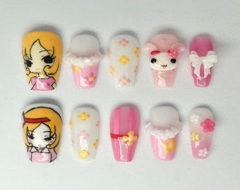 3D Anime Character Press-On Nails, Kawaii Pink Flower Design