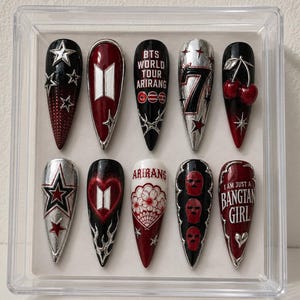 BTS ARIRANG World Tour Press On Nails | Bangtan Girl Concert Nails | Red Black Chrome Nails | Handmade Gel Nails | ARMY Fan Gift |Kpop Nails