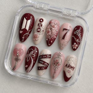 ARIRANG World Tour x BTS Cherry Blossom Press On Nails | OT7 Korean Floral Nails | Burgundy Concert Nails | Handmade Gel Nails | ARMY Gift image 2