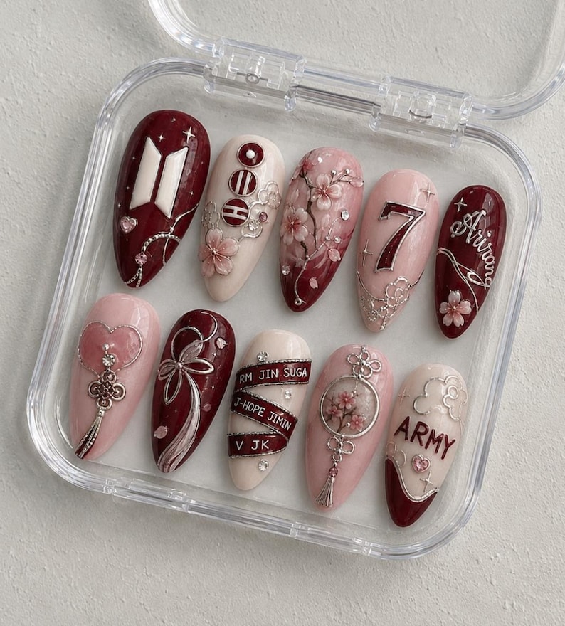 ARIRANG World Tour x BTS Cherry Blossom Press On Nails | OT7 Korean Floral Nails | Burgundy Concert Nails | Handmade Gel Nails | ARMY Gift image 2