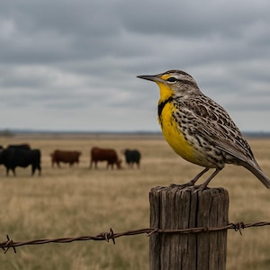 May include: A Western Meadowlark perched on a weathered wooden post, with a yellow breast, brown and black patterned back, and a dark beak. Cows graze in the background under a cloudy sky, with a barbed wire fence in the foreground.