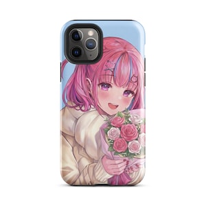 May include: A phone case featuring an anime-style illustration of a smiling character with pink hair and purple eyes. The character holds a bouquet of pink and white roses. The case has a light blue background.