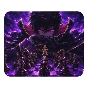 May include: A purple and gold anime-style mousepad featuring a chess set and a character with purple eyes. The chess pieces are gold and black, set on a checkered board. The background is a swirling purple.