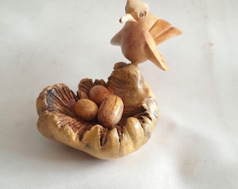 Hand-carved Bali Wooden Bird Nest Sculpture,Rustic Natural Wood Art Home Decor