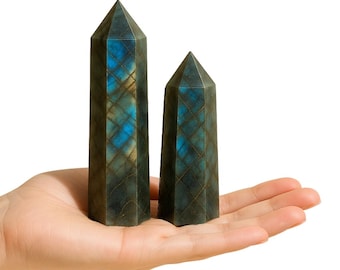 Torre de cristal de labradorita natural, destellos azules, verdes y dorados, decoración para el chakra del tercer ojo.