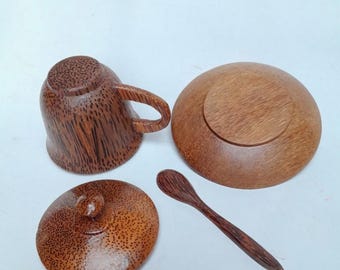 Taza de madera de coco hecha a mano con tapa, vajilla rústica y ecológica, taza de café y té natural.