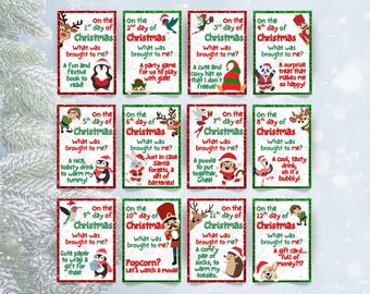 May include: A set of twelve Christmas-themed cards with red and green borders. Each card features a festive illustration and a question: "What was brought to me?" with a corresponding answer, such as "A fun and festive book to read!"