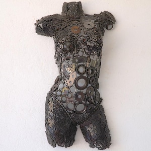 Recycled Metal Female Bust Sculpture: Handmade Steampunk Art Deko