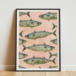 Atlantic Mackerel Pattern Art Print Blue Fish Wall Decor Nautical Kitchen Art