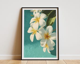 May include: A framed art print featuring a watercolor illustration of white plumeria flowers with yellow centers and green leaves against a teal background. The artwork is displayed in a black frame.