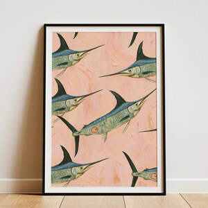 Swordfish Art Print Pattern Blue Marlin Fish Nautical Ocean Life Wall Decor