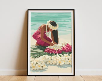 May include: Framed art print of a woman in a pink dress and flower crown, arranging white and pink flowers on a beach. The background features a turquoise ocean and a light blue sky. The artwork is in a minimalist style.