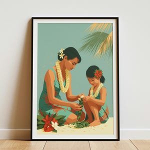 Mother Daughter Lei Making Hawaiian Art Print Tropical Island Decor