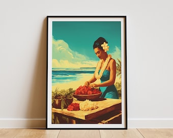 Mulher havaiana fazendo lei - Arte de parede impressa - Decoração de praia tropical - Ilustração inspirada no estilo havaiano de meados do século XX - Pôster para casa de férias
