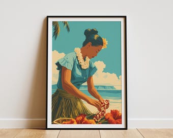 Hawaiian Lei Maker Art Print Tropical Beach Woman Flower Garland Poster Coastal Island Home Decor Hawaii Travel Wall Art