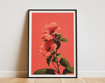 Vibrant Coral Hibiscus Pair Modern Art Print for Home Decor Hawaiian Flower Wall Art Tropical Botanical Poster Illustration Living Room
