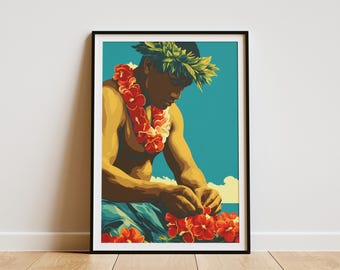 Hawaiianische Lei Maker Kunstdruck Tropisches Inselleben Poster Vintage Travel Style Hawaii-Wanddekor polynesische Kultur Hibiskusblumen