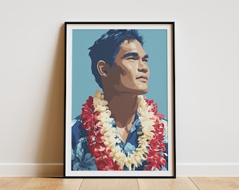 Retrato de um artesão havaiano fazendo leis, pôster decorativo para parede, arte moderna com tema havaiano, presente para casa ou para quem vive nas ilhas do Pacífico.