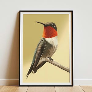 May include: A framed wall art print featuring a stylized illustration of a ruby-throated hummingbird perched on a branch. The bird has a vibrant red throat, a black head, and grey-green wings against a solid, muted yellow background.