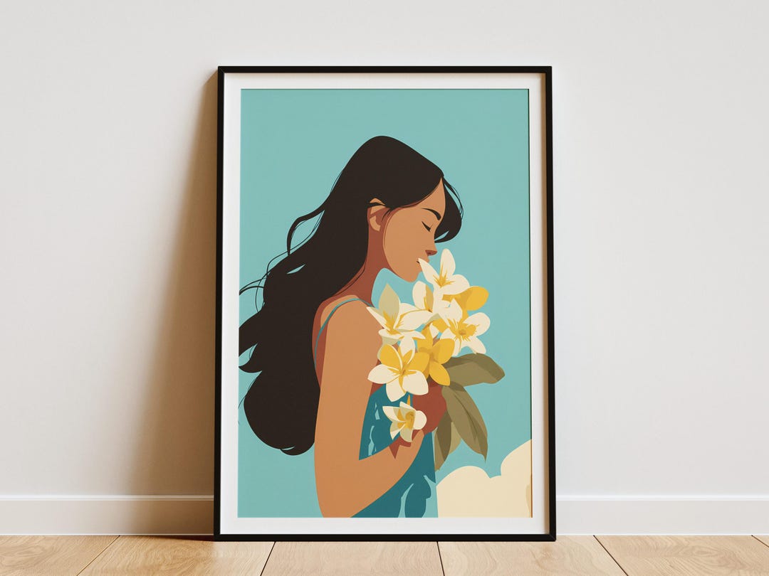Modern Woman With Flowers Wall Art Print Minimalist Floral Portrait ...