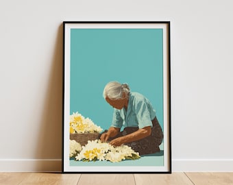 Hawaiian Elder Woman Lei Making Art Print Plumeria Flower Craft Poster Hawaii Traditional Cultural Wall Art Decor