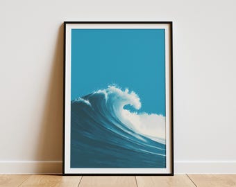 Hawaiian Ocean Wave Art Print Dynamic Coastal Blue Sea Wall Art Surfing Beach House Decor Tropical Ocean Wave Poster