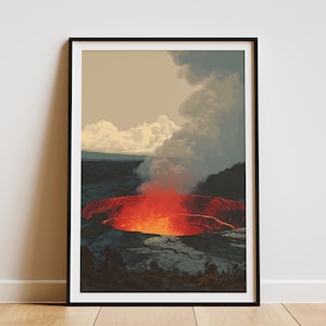 May include: Framed art print depicting a volcanic eruption. The artwork features a vibrant red and orange lava pool with billowing white smoke against a muted sky. The print is encased in a black frame.