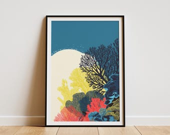 Vibrant Hawaiian Reef Underwater Wall Art Print Ocean Coral Marine Life Poster for Coastal Home Decor