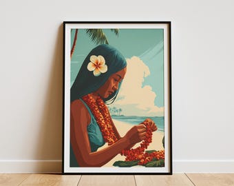 Hawaiian Lei Making Woman Poster Vintage Tropical Travel Art Print Island Beach Scene Hawaii Vacation Home Wall Decor Plumeria Flower