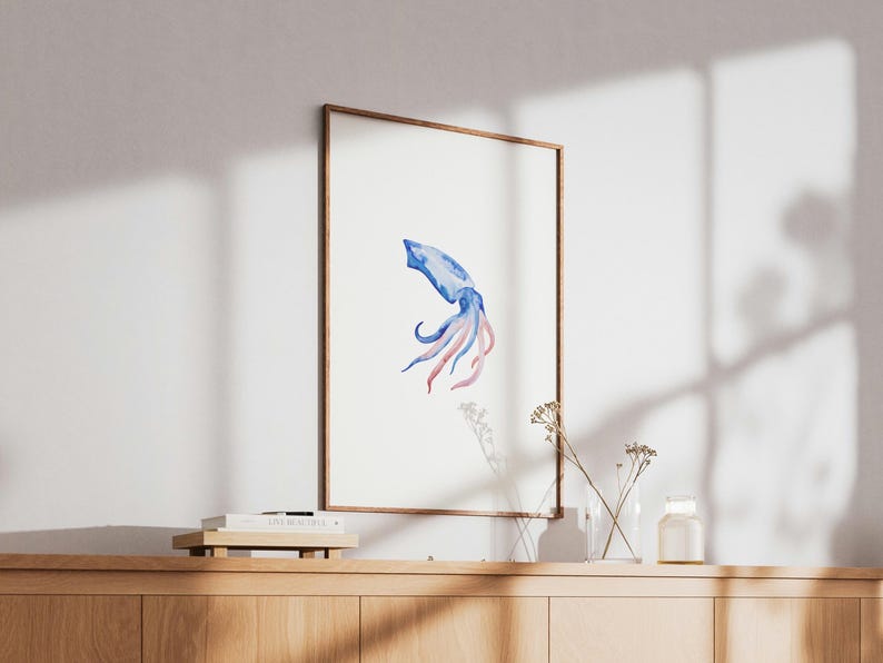 Abstract Nautical Graphics Watercolor Squid Print Abstract Cephalopod Ocean Art Nautical Home ...