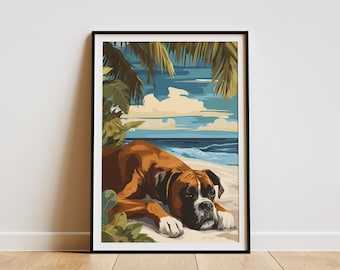 Boxer Hund Strand Kunstdruck Hawaiianisches Reiseplakat Ozean-Wellen Wand-Dekor Küstenhaus-Hunde-Liebhaber-Geschenk Tropisches Insel-Urlaubs-Thema