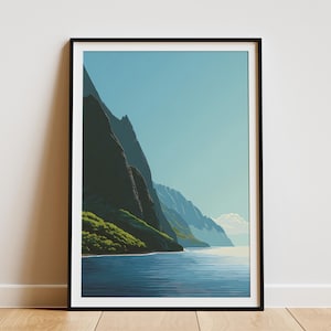 May include: A framed art print showing a coastal scene. The image features a mountain range with green vegetation along the coast, a blue sea, and a clear sky. The print is in a black frame.