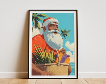 Hawaiian Santa Claus Tropical Christmas Poster Print Island Holiday Decor Beach Themed Wall Art Gifts Basket Scene