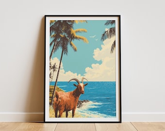 Hawaiian Feral Goat Poster Print Vintage MidCentury Tropical Wall Art Coastal Beach House Decor Wildlife Ocean Scene