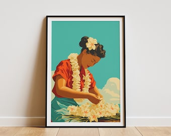 Impressão artística vintage de uma artesã havaiana fazendo um lei (lei havaiano), pôster de viagem, mulher confeccionando uma guirlanda de flores, arte de parede tropical havaiana, decoração de ilha.
