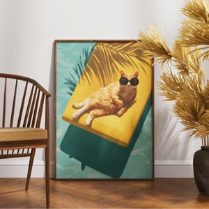 May include: A rectangular wall art print featuring an orange cat wearing round black sunglasses, lounging on a yellow pool float in turquoise water. The scene includes dark palm leaf shadows cast across the float and the water surface.
