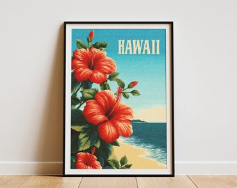 Hawaii Reise Poster Vintage Hibiskus Blume Strand Szene Druck Tropische Insel Urlaub Haus Wand Dekor Hawaiianische Kunst Geschenk