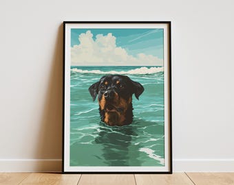 Könnte beinhalten: Gerahmter Kunstdruck mit einem Rottweiler-Hund im Meer. Der Kopf und die Schultern des Hundes sind über dem Wasser zu sehen, mit Wellen, Himmel und Wolken im Hintergrund. Das Kunstwerk ist in einem stilisierten, illustrativen Stil gehalten.