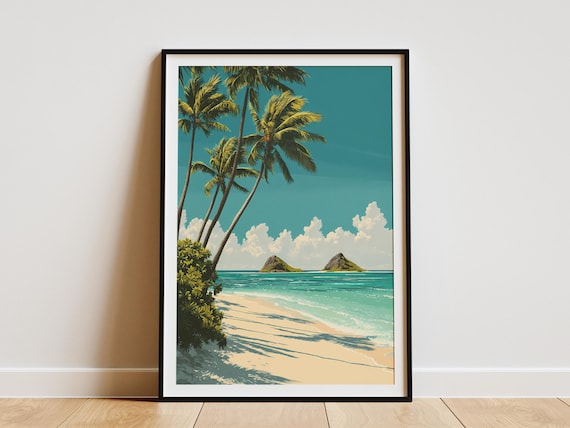 Lanikai Beach Hawaii Travel Poster Print Tropical Island Art Ocean