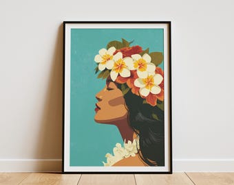 Hawaiian Plumeria Crown Woman Wall Art Print Tropical Island Floral Portrait Home Decor Hawaii Travel Poster Inspired Summer Gift