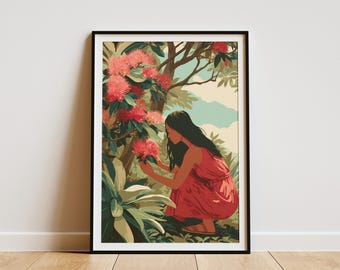 May include: A framed art print depicts a woman in a red dress amidst lush greenery and vibrant red flowers. The artwork has a vintage aesthetic, with a color palette of greens, reds, and muted blues. The woman is shown crouching, interacting with the flowers.