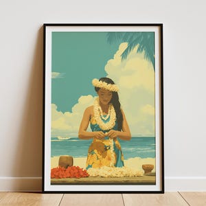 May include: A framed art print depicts a woman making leis on a beach. She wears a floral crown and lei, with a blue and yellow dress. The background shows a blue sky, clouds, and ocean. Red flowers and wooden bowls are on the table.