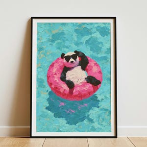 Cool Panda with Sunglasses on Float Vibrant Abstract Pool Art Print Funny Animal Wall Decor