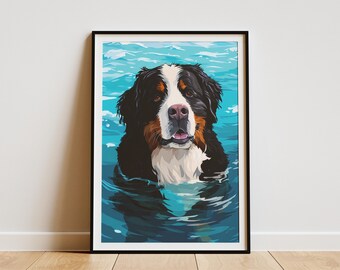 May include: A framed print of a Bernese Mountain Dog in water. The dog has a black, white, and brown coat, with a pink nose and open mouth. The water is a vibrant blue, and the artwork is displayed in a black frame.